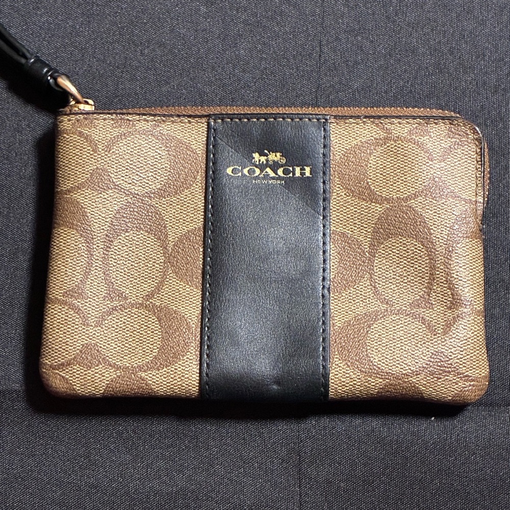 Coach Signature C Wristlet Brown Khaki Monogram Black Leather Trim Zip Pouch